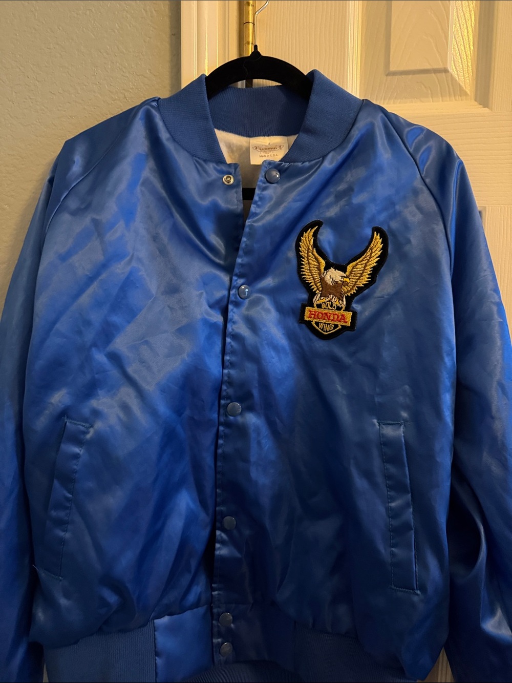 Men's Blue Satin Bomber Jacket with Eagle Patch